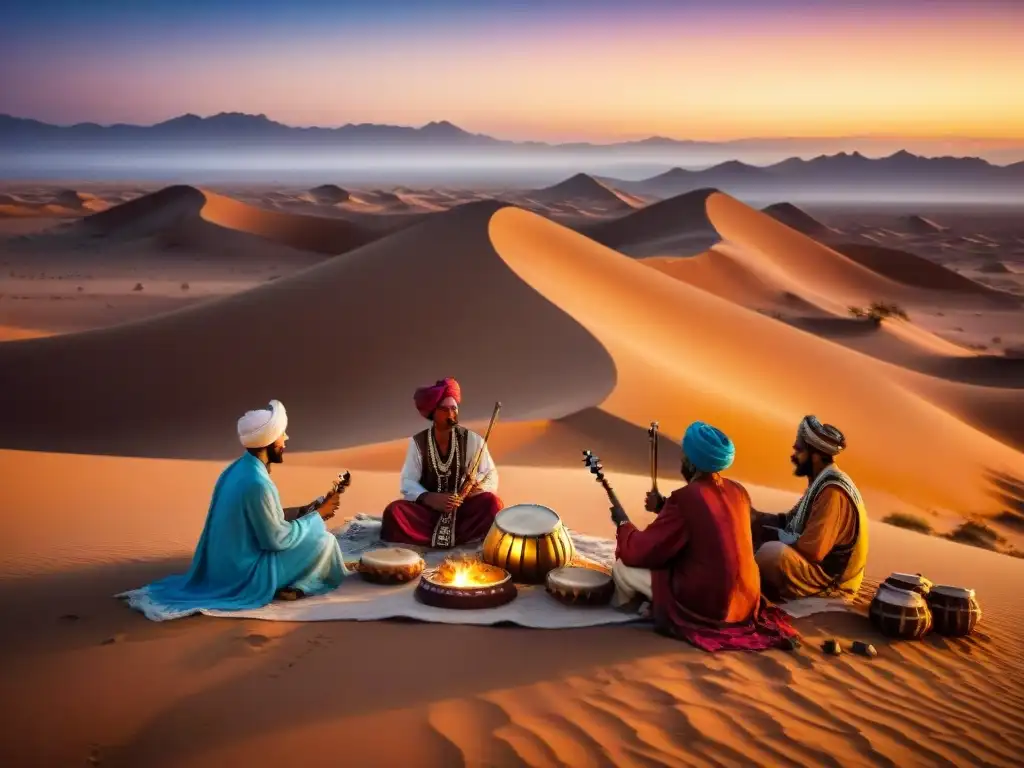 Una tribu nómada del desierto tocando instrumentos tradicionales bajo un cielo estrellado, con dunas de arena y música de tribus nómadas desérticas