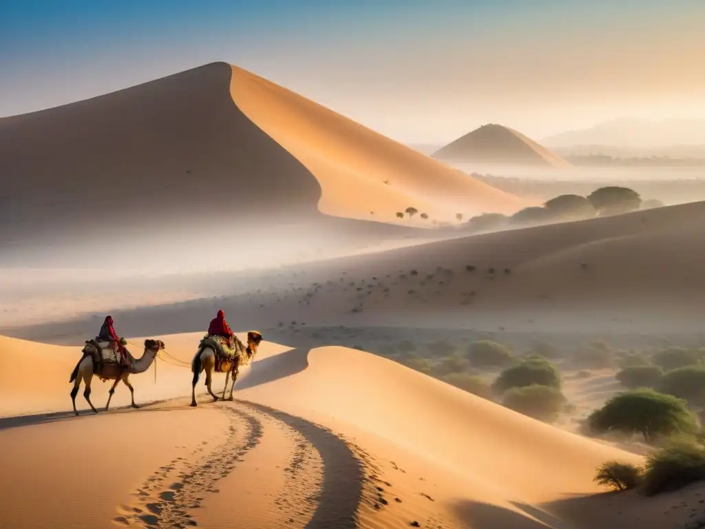 Una tribu nómada en el desierto, liderada por un anciano sabio en un camello