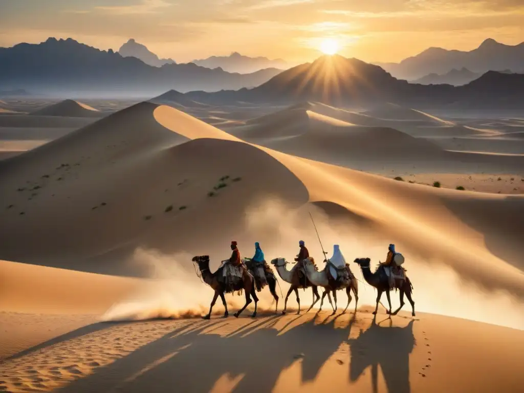 Tribu nómada en desierto, líder con mapa antiguo, camellos y vasijas de agua