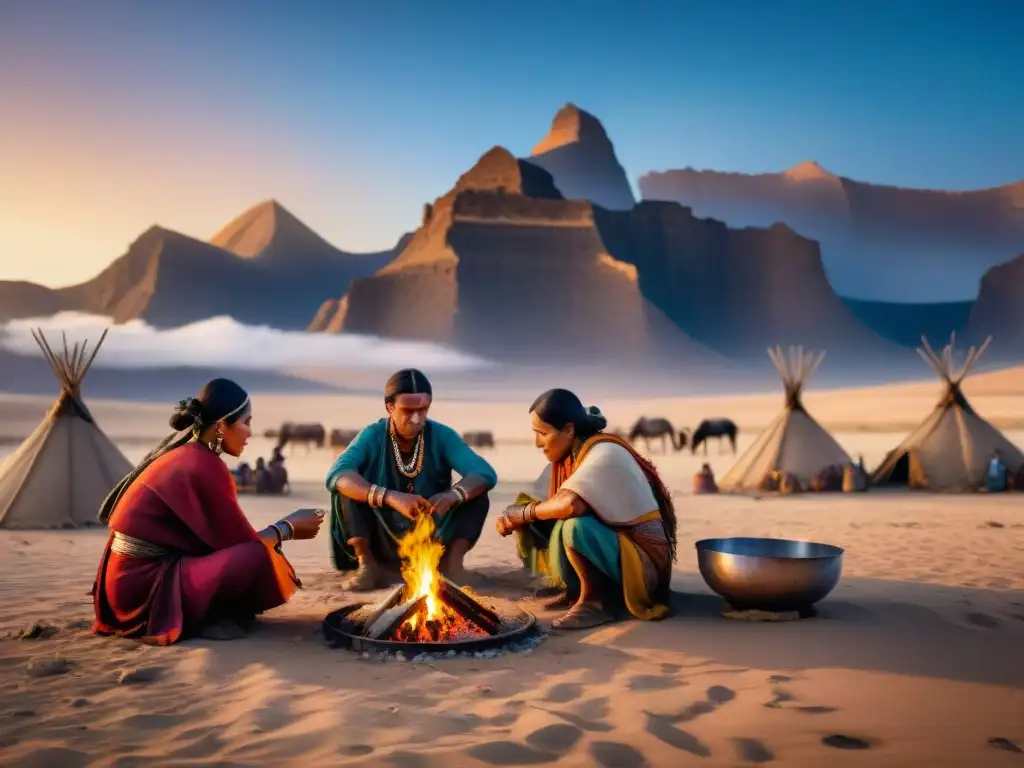 Tribu nómada en desierto cocinando, contrastando tradición y modernidad en su dieta