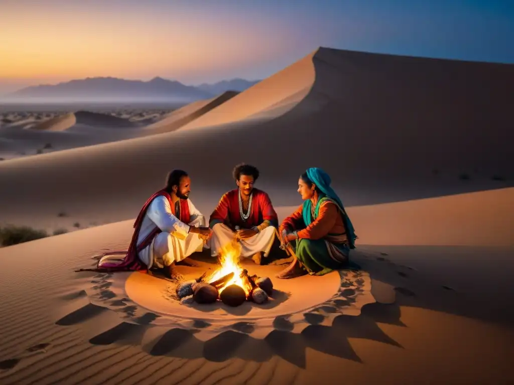 Tribu nómada en desierto tocando música de tribus nómadas desérticas bajo las estrellas