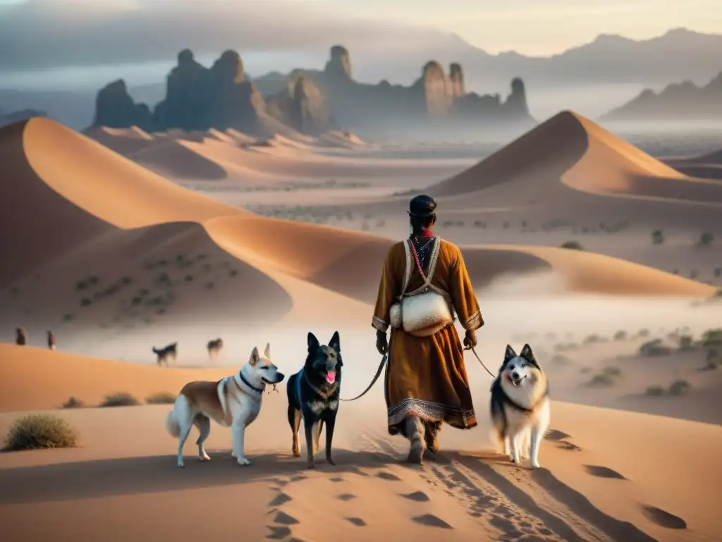 Ilustración vintage de una tribu nómada en el desierto con perros leales