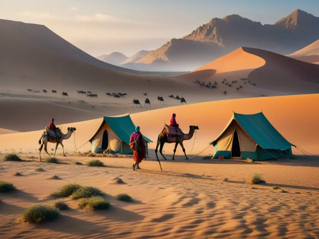 Una tribu nómada atraviesa un desierto bajo el sol, con tiendas y camellos, en un contraste entre tradiciones y globalización