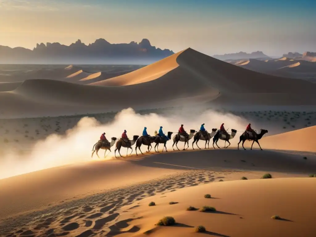 Una tribu nómada pastorea en el desierto bajo el sol, en armonía con la naturaleza