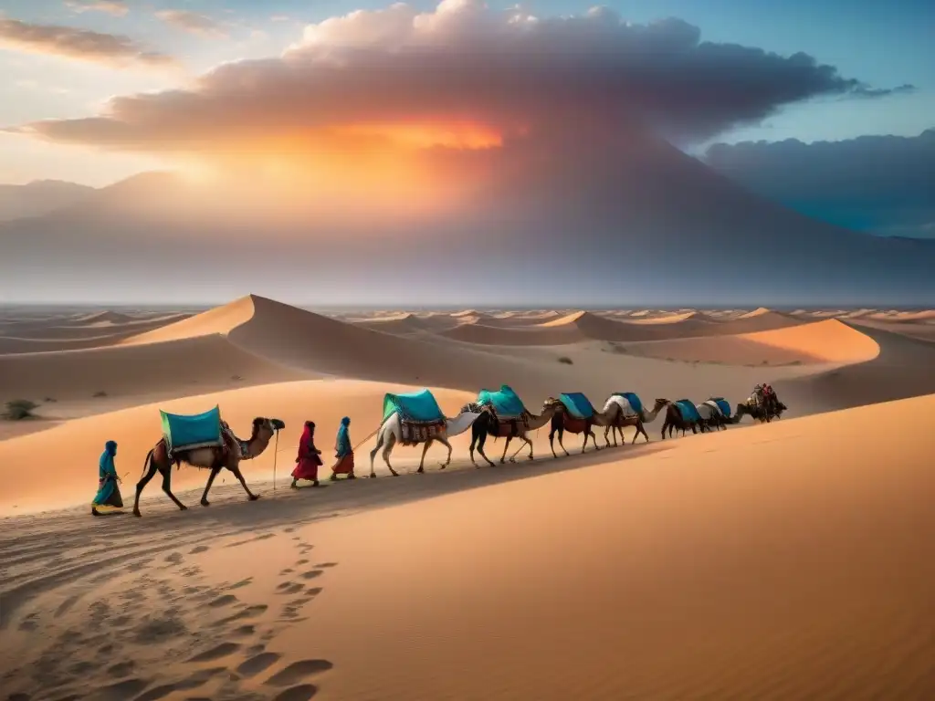 Una tribu nómada en un desierto, con tiendas tradicionales y camellos cargados, realizando actividades cotidianas