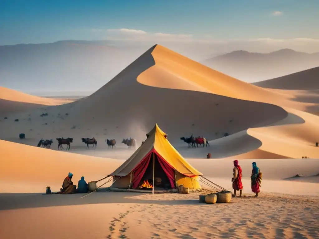 Una tribu nómada en el desierto, con tiendas coloridas, actividades diarias y un filtro vintage, reflejando la vida tradicional