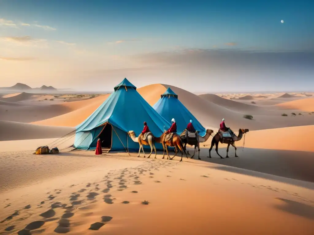 Una tribu nómada atraviesa el desierto con tiendas tradicionales, camellos y cuentacuentos bajo un cielo estrellado