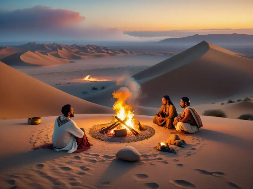 Campamento nómada al atardecer: diversidad étnica y cultural en el desierto Tribu nómada diversa preservando lenguas
