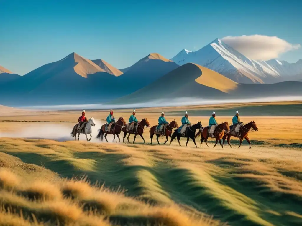 Tribu nómada kirguisa cabalga en la estepa dorada, bajo cielo azul y montañas nevadas