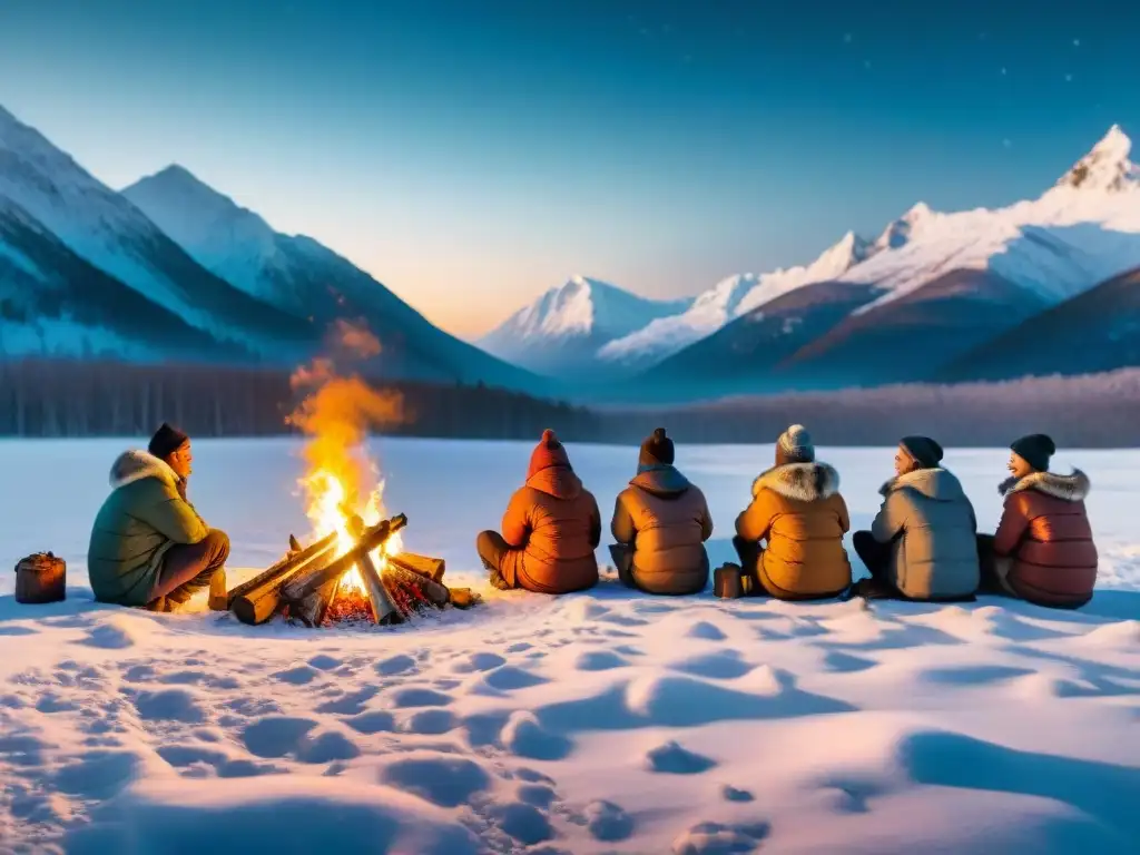 Tribu nómada celebra estacional en invierno: campamento en la nieve, fuego, historias bajo el cielo estrellado