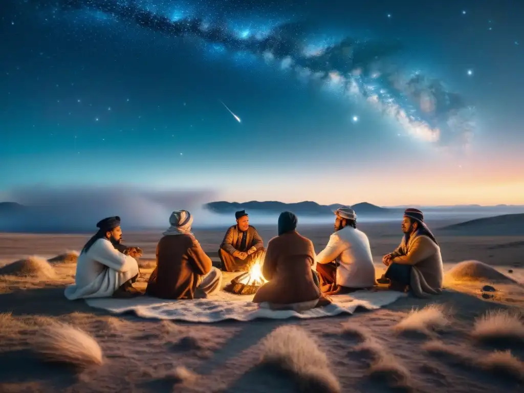 Tribu nómada en la estepa, observando constelaciones bajo cielo estrellado