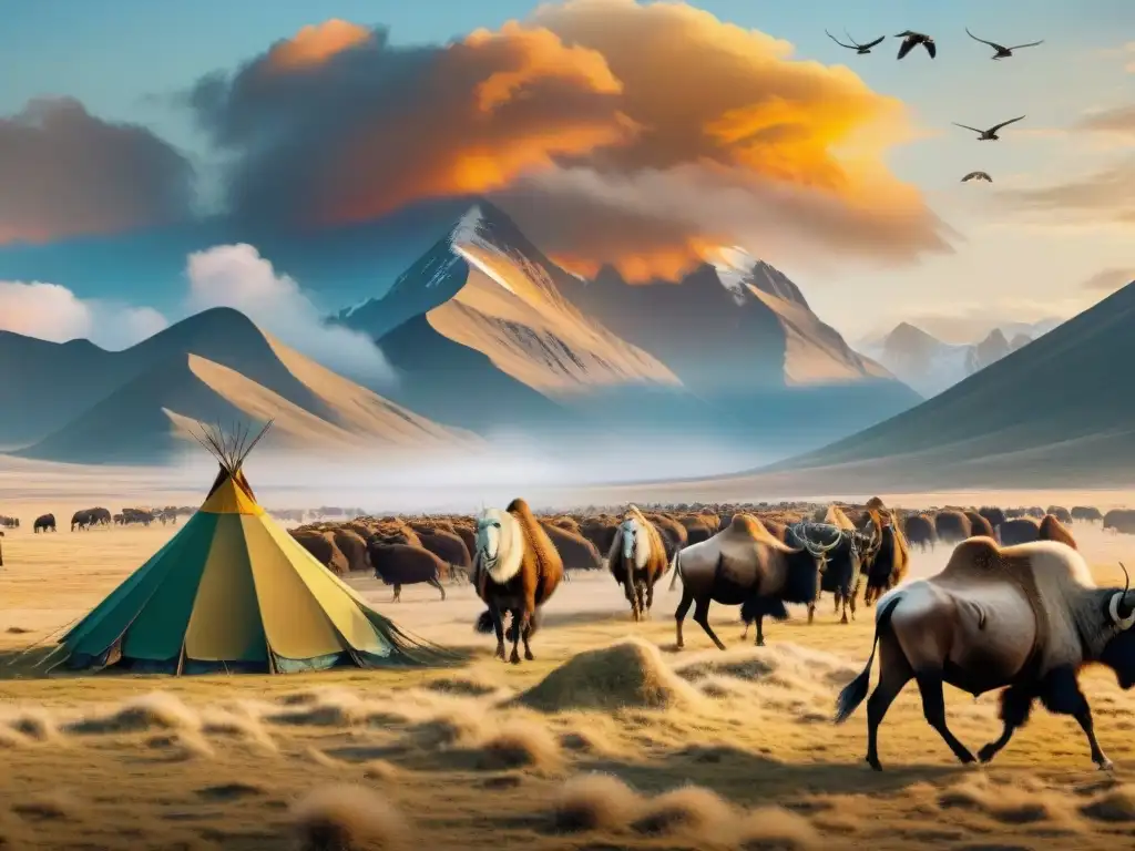 Tribu nómada en las estepas con animales emblemáticos y paisaje dorado al atardecer