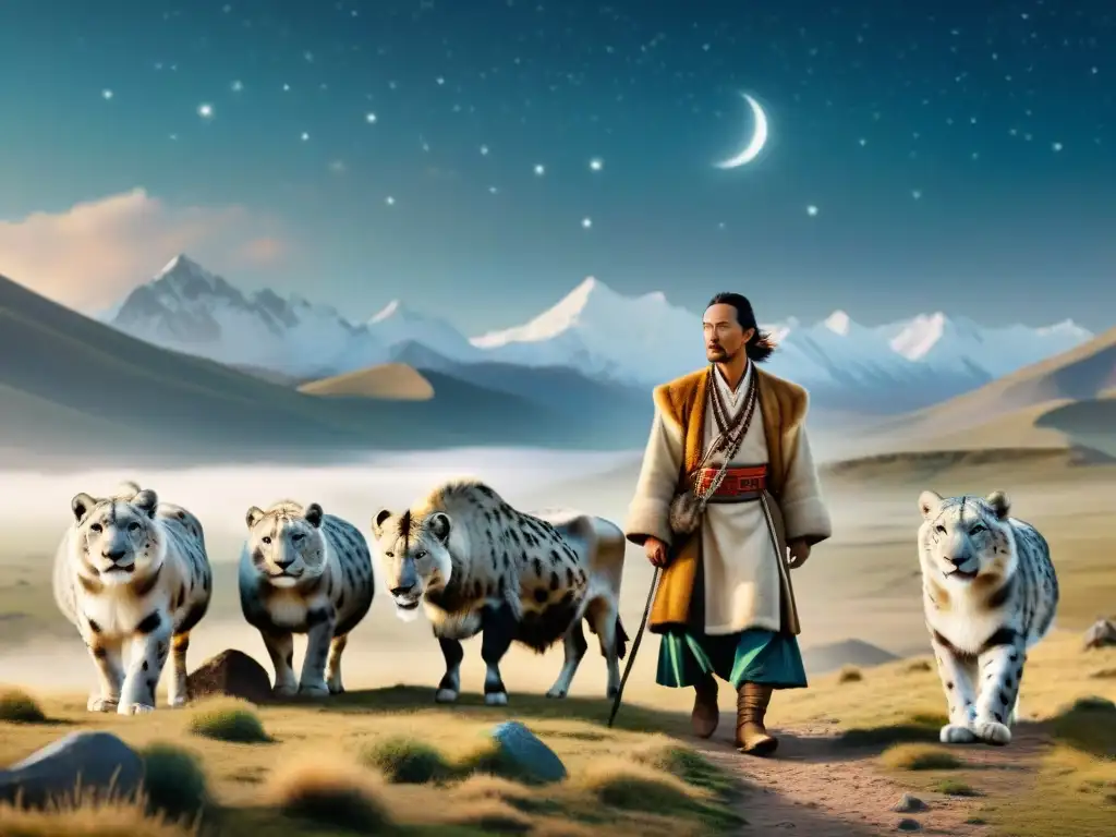 Tribu nómada en las estepas con animales emblemáticos