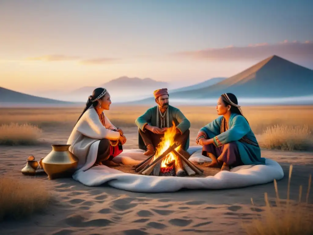 Una tribu nómada en las estepas, cantando canciones ancestrales alrededor del fuego, reflejando su cultura y conexión con el pasado