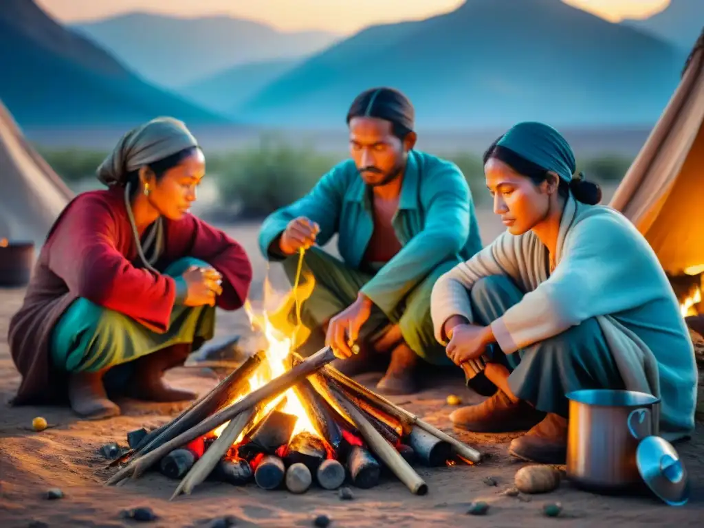 Tradiciones culinarias de tribu nómada en las estepas áridas Una tribu nómada en las estepas, cocinando en fogata bajo las estrellas