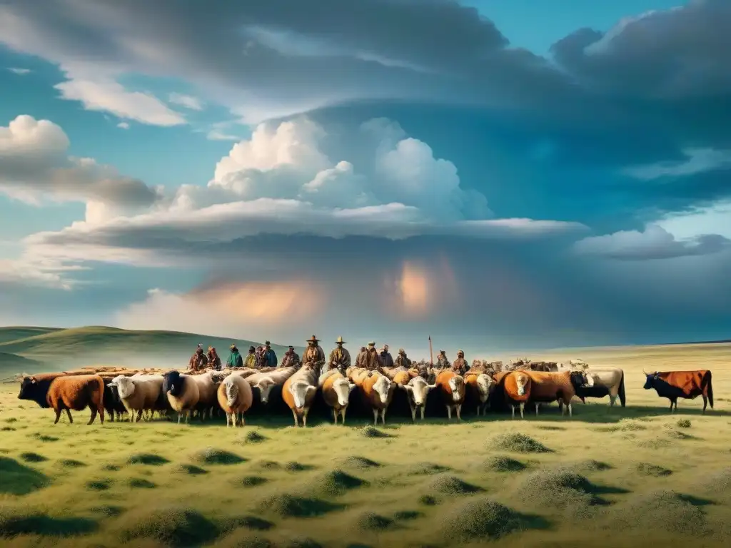 Pastoreo nómada en las estepas: historia y armonía ambiental Tribu nómada de las estepas con su ganado bajo un cielo dramático, mostrando el impacto ambiental de su estilo de vida