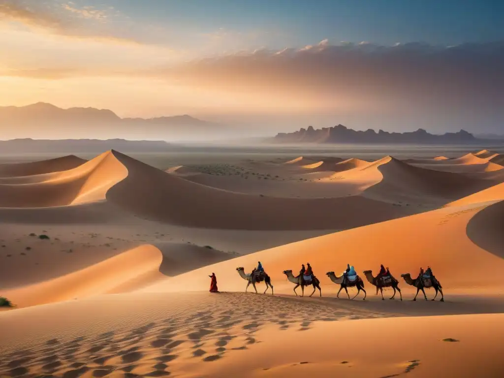 Tribu nómada en estratégica retirada entre dunas con atuendos vintage al atardecer