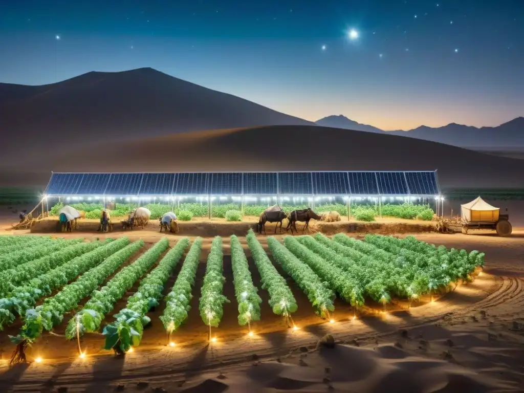 Tribu nómada cultivando bajo las estrellas con técnicas agrícolas tribus nómadas