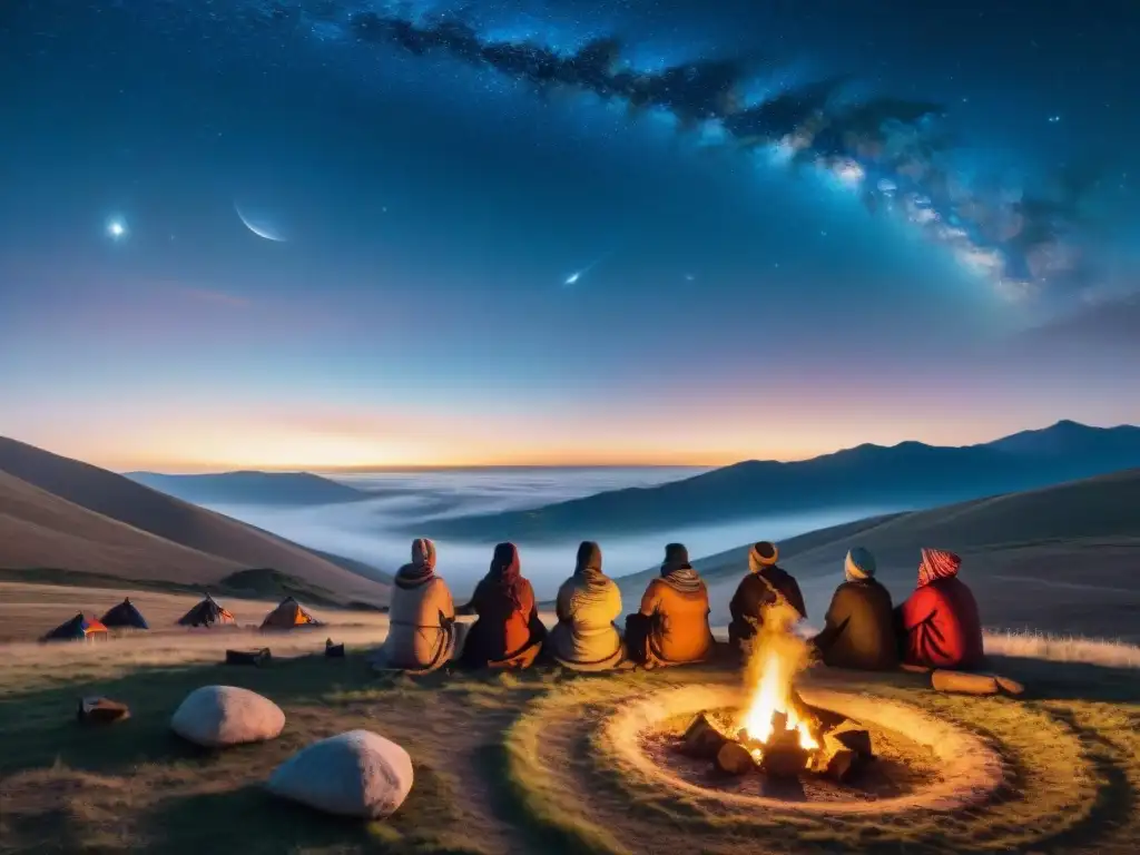 Tribu nómada observando estrellas con telescopio en campamento