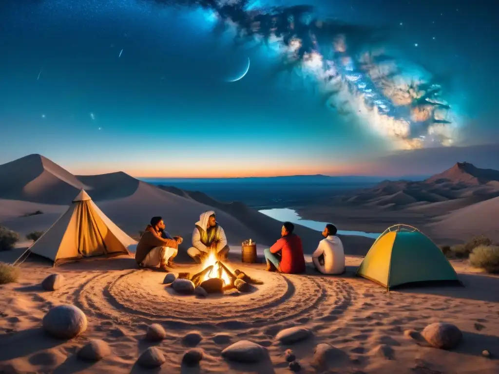 Tribu nómada admirando eventos celestiales bajo el cielo estrellado