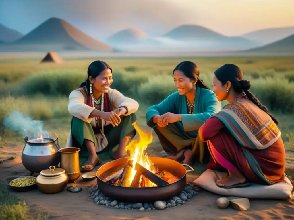 Tradiciones ancestrales: Tribu nómada en la estepa al atardecer Una tribu nómada se reúne alrededor de una fogata en la estepa, preparando alimentos con técnicas culinarias tradicionales