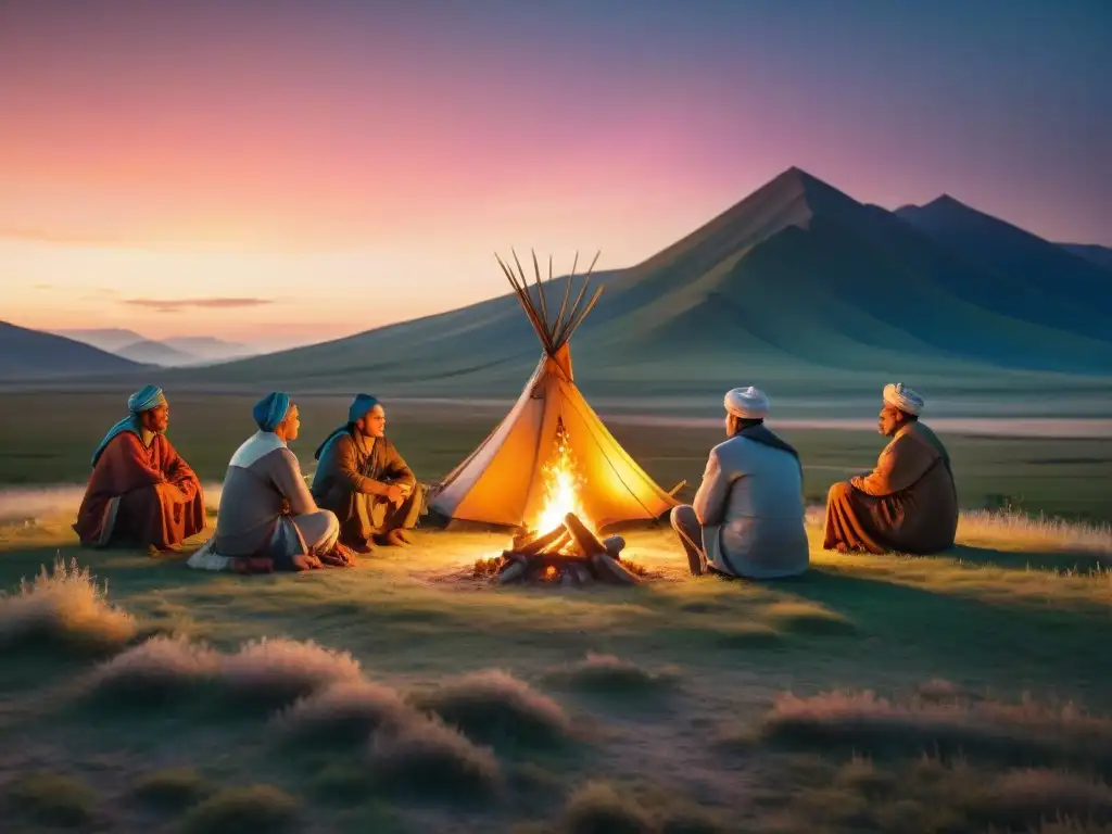 Una tribu nómada se reúne alrededor de una fogata en la estepa, con ancianos conversando y jóvenes escuchando bajo un cielo estrellado