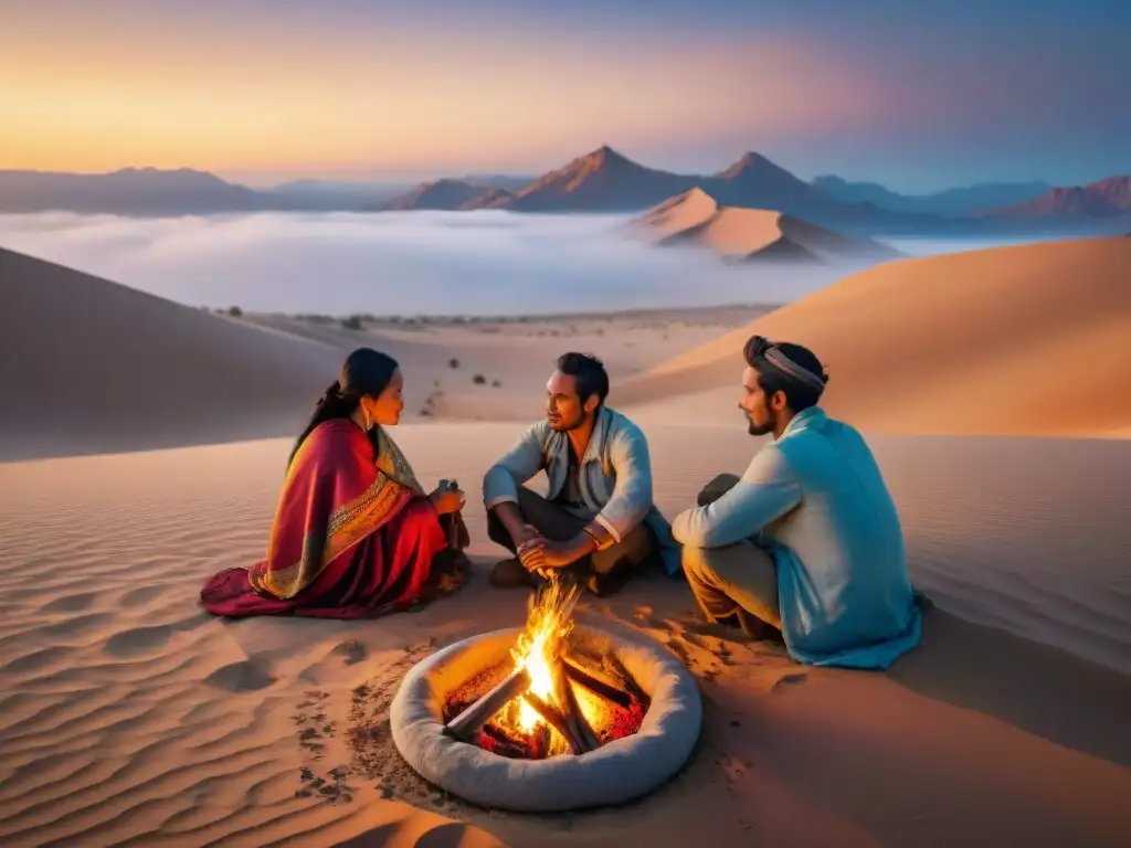 Una tribu nómada se reúne alrededor de una fogata al atardecer en el desierto