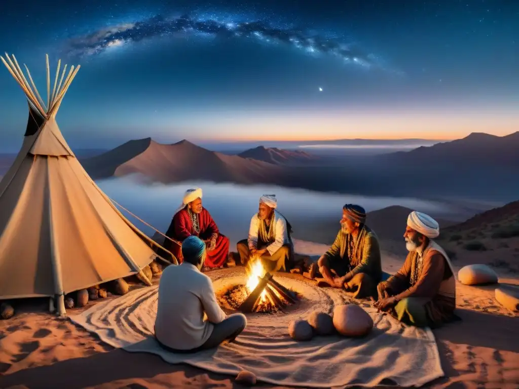 Una tribu nómada se reúne alrededor de una fogata bajo el cielo estrellado, transmitiendo técnicas ancestrales de Gestión del estrés vida nómada