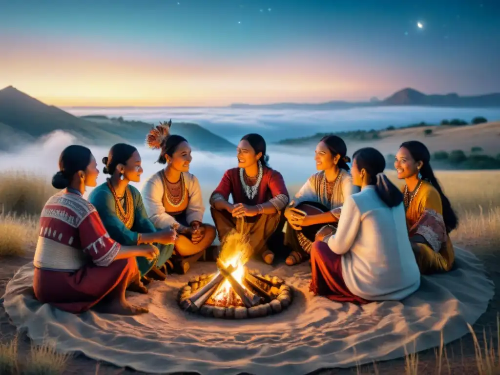 Una tribu nómada se reúne alrededor de fogata bajo cielo estrellado, tocando instrumentos y danzando al ritmo de la música tradicional