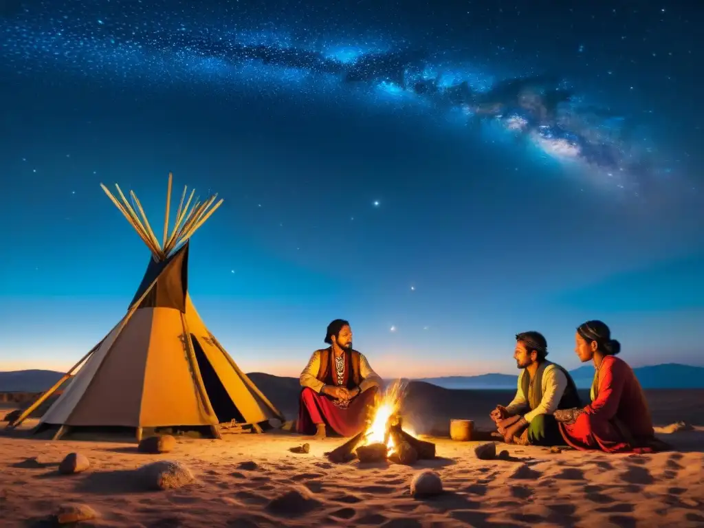 Tribu nómada en fogata bajo cielo estrellado con construcciones astronómicas tribus nómadas