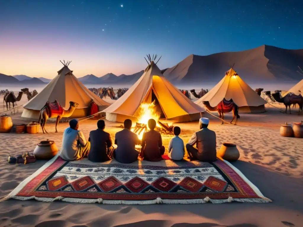 Una tribu nómada se reúne alrededor de una fogata bajo un cielo estrellado, con tapetes tradicionales y camellos al fondo