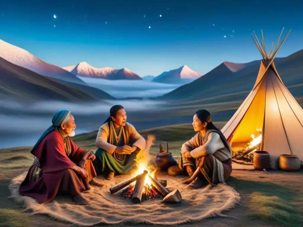 Una tribu nómada se reúne alrededor de una fogata bajo un cielo estrellado, creando una escena de historia y comunidad