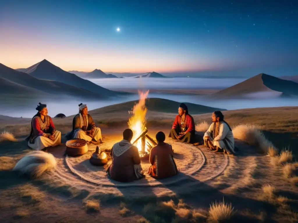 Una tribu nómada se reúne alrededor de una fogata en la estepa bajo un cielo estrellado, evocando historia y cultura