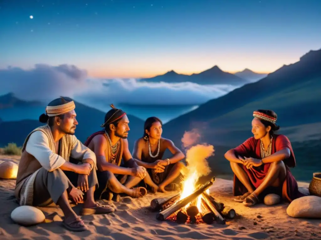 Una tribu nómada se reúne alrededor de una fogata bajo un cielo estrellado, preservando lenguajes y tradiciones ancestrales