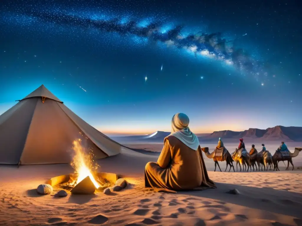 Una tribu nómada se reúne alrededor de una fogata en el desierto, observando las estrellas mientras un anciano señala la Estrella del Norte