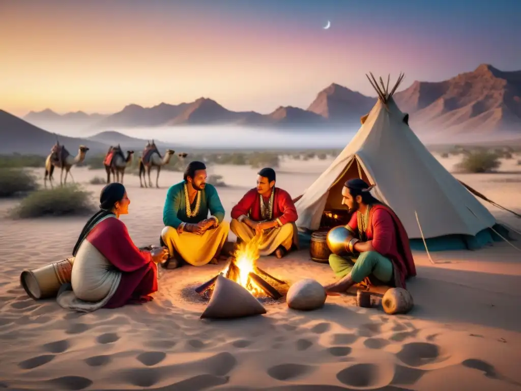 Tribu nómada tocando música alrededor de fogata en desierto