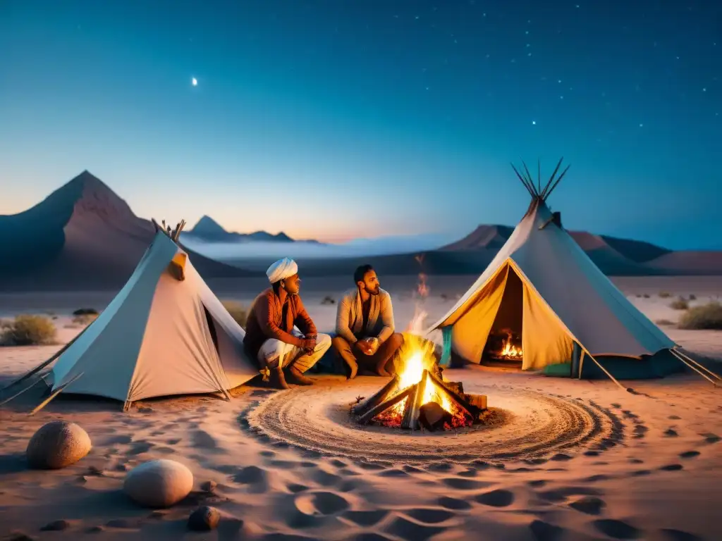 Una tribu nómada comparte sabiduría alrededor de una fogata en el desierto bajo un cielo estrellado, evocando comunidad y tradición nómada