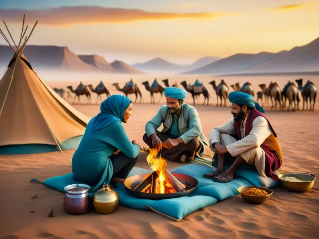 Una tribu nómada se reúne alrededor de una fogata en el desierto, cocinando en utensilios tradicionales