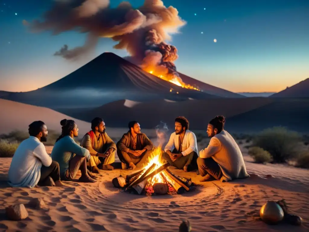 Una tribu nómada se reúne alrededor de una fogata en el desierto, escuchando a un anciano contar historias bajo un cielo estrellado