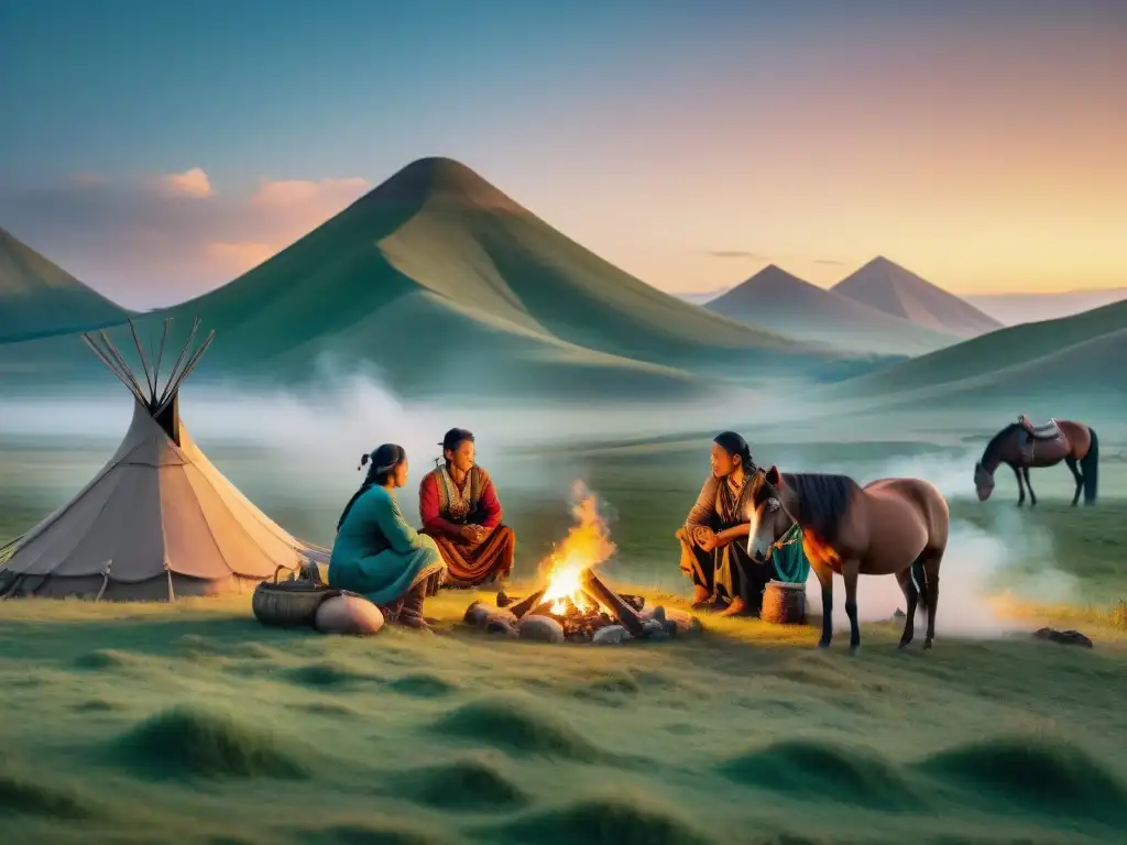 Una tribu nómada se reúne alrededor de una fogata en las estepas, compartiendo historias y comida bajo un cielo estrellado