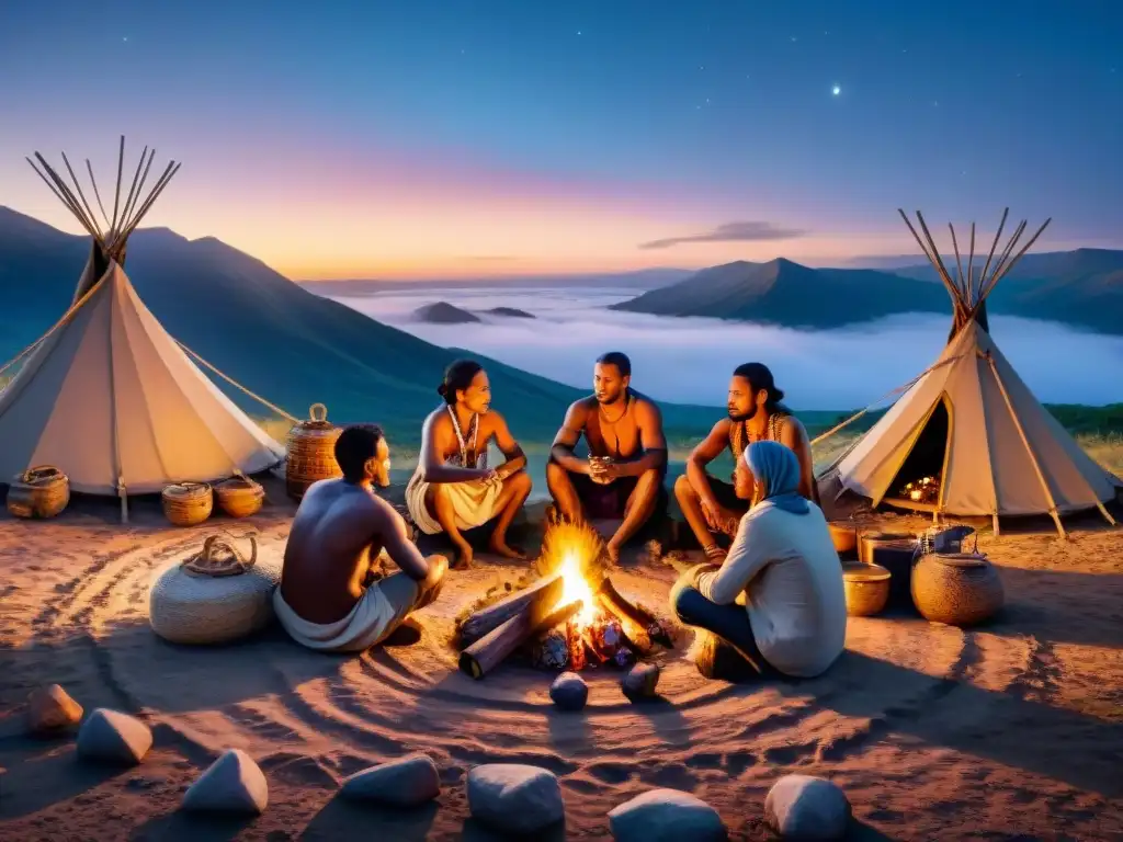 Vida nómada: comunidad alrededor del fuego Una tribu nómada se reúne alrededor de una fogata al anochecer, compartiendo historias y preservando su cultura