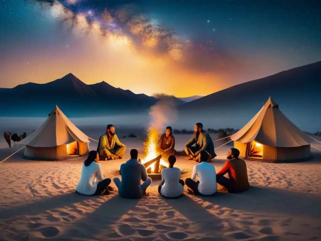 Estrellas, fuego y poesía: la riqueza cultural de una tribu nómada Una tribu nómada se reúne alrededor de una fogata, inmersa en una sesión de poesía bajo un cielo estrellado