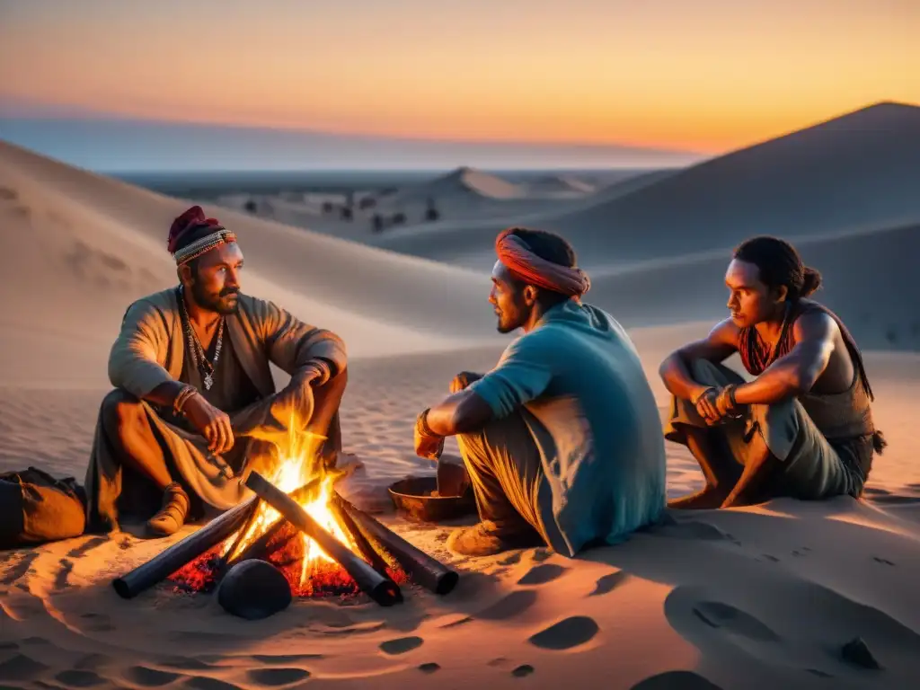 Tribu nómada en fogata con metalurgia secreta en desierto al atardecer