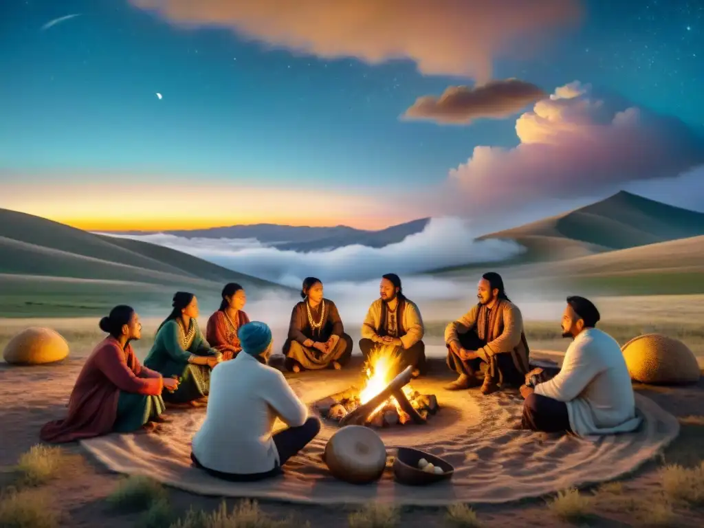 Una tribu nómada se reúne alrededor de una fogata en la estepa, tocando música tradicional en una noche estrellada