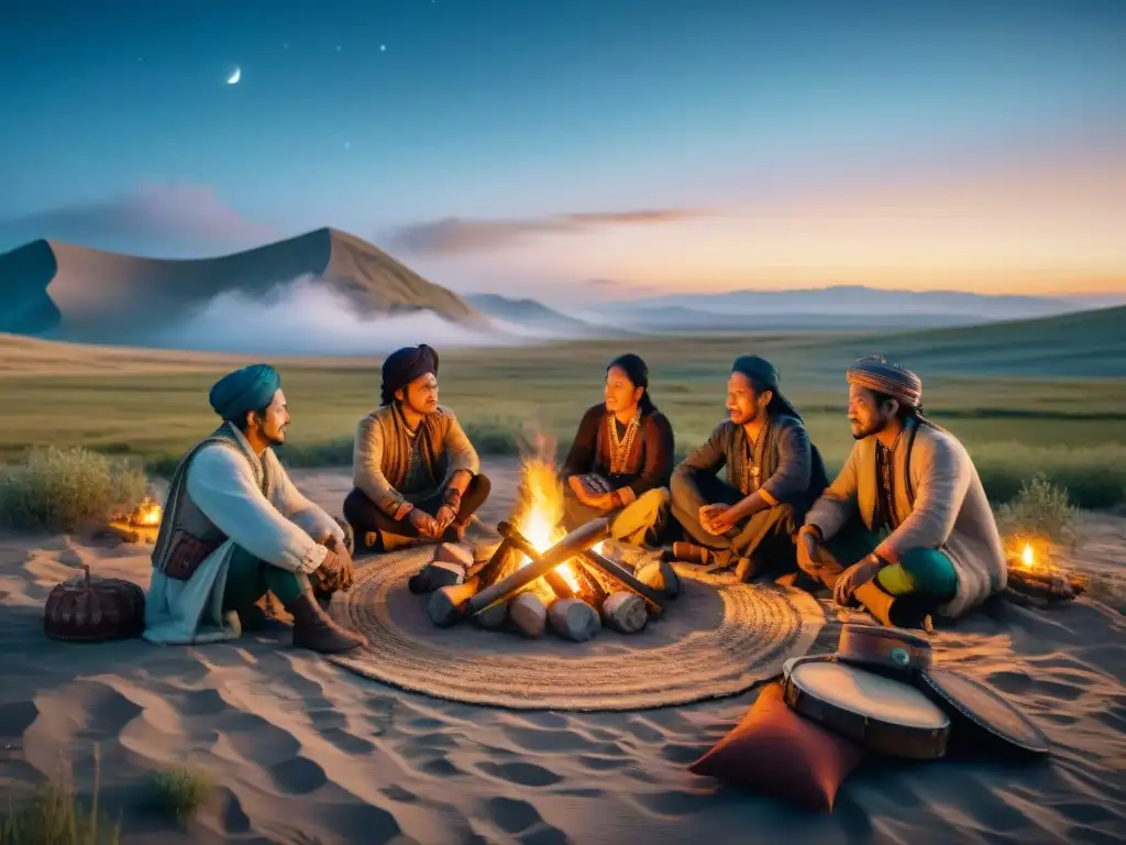 Una tribu nómada se reúne alrededor de una fogata en las vastas estepas, tocando instrumentos musicales tradicionales bajo un cielo estrellado