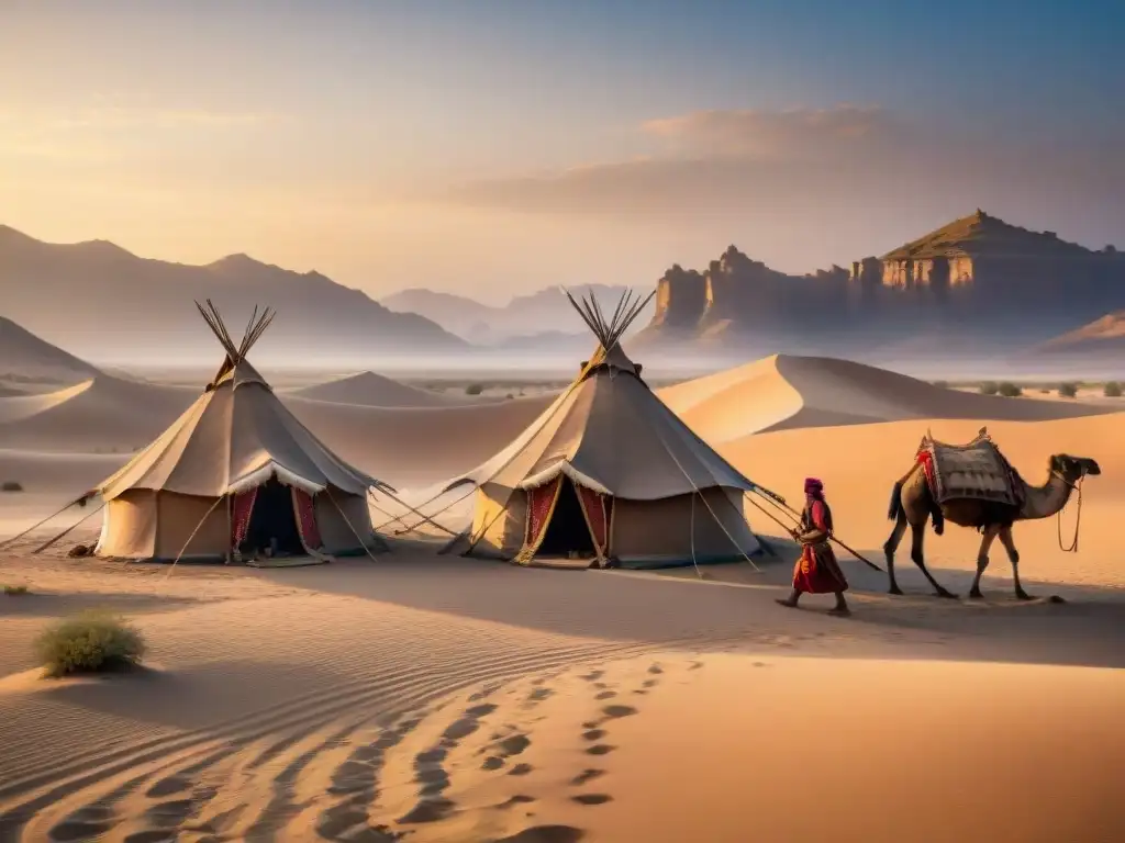 Tribu nómada erige fortificaciones estratégicas en desierto al atardecer