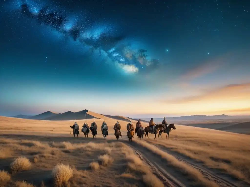 Tribu nómada en la estepa con herramientas de orientación tradicionales y modernas bajo un cielo estrellado