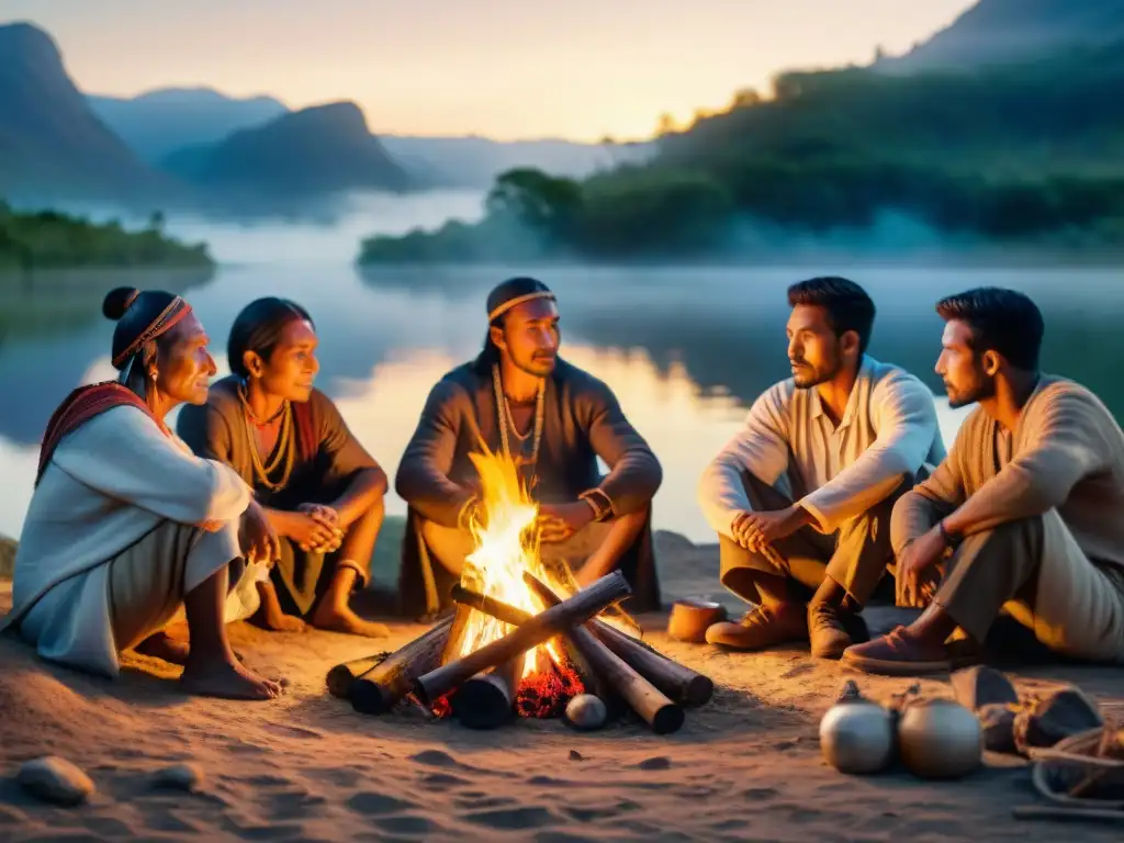 Tribu nómada educa hijos alrededor del fuego al atardecer en la naturaleza