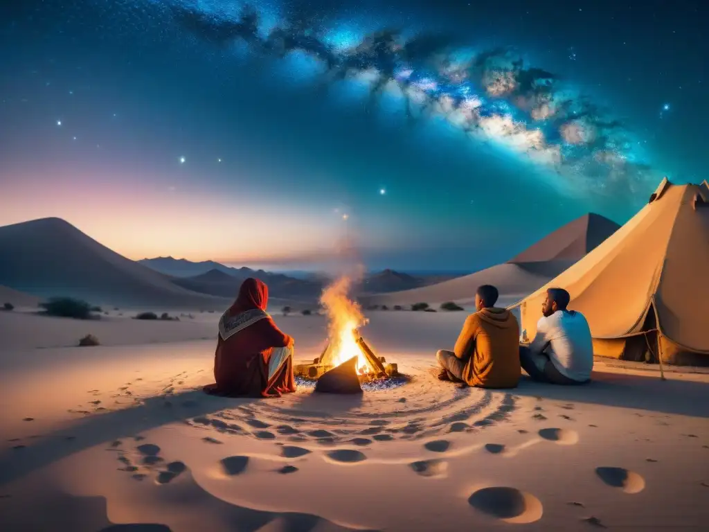 Una tribu nómada escucha la historia de las estrellas alrededor de la fogata en el desierto