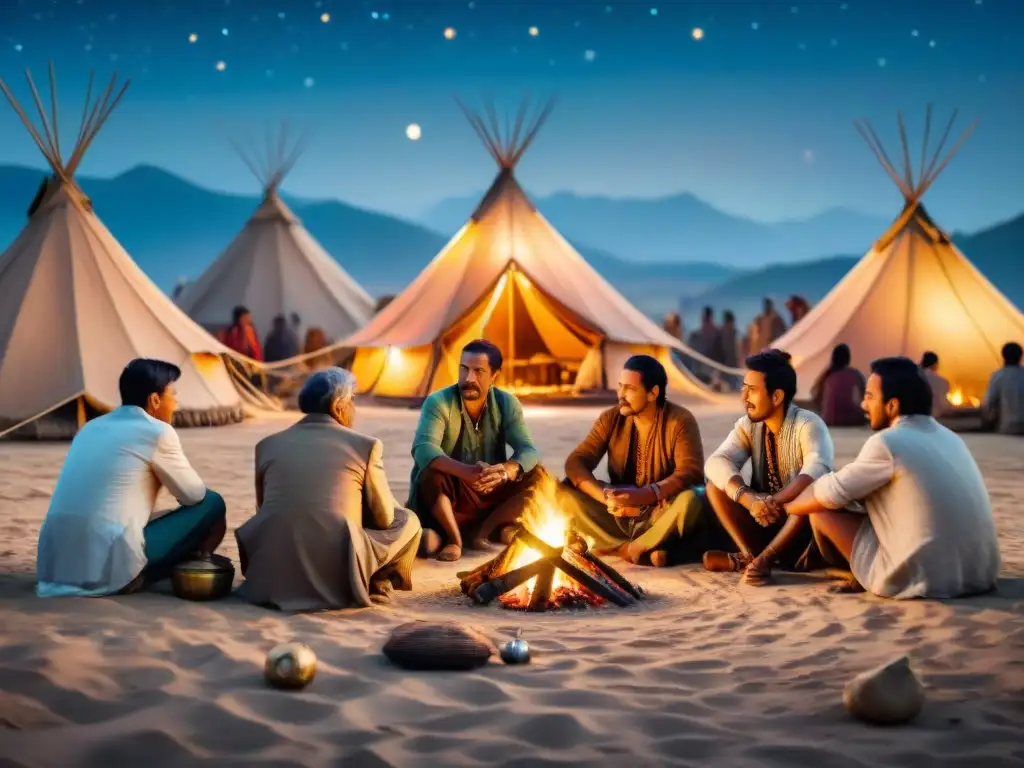 Tradiciones ancestrales: tribu nómada alrededor del fuego estrellado Una tribu nómada comparte historias alrededor de la fogata bajo un cielo estrellado, resaltando la conservación cultural tribus nómadas